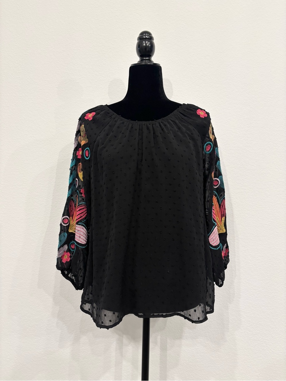 Black Embroidered Flutter-Sleeve Blouse